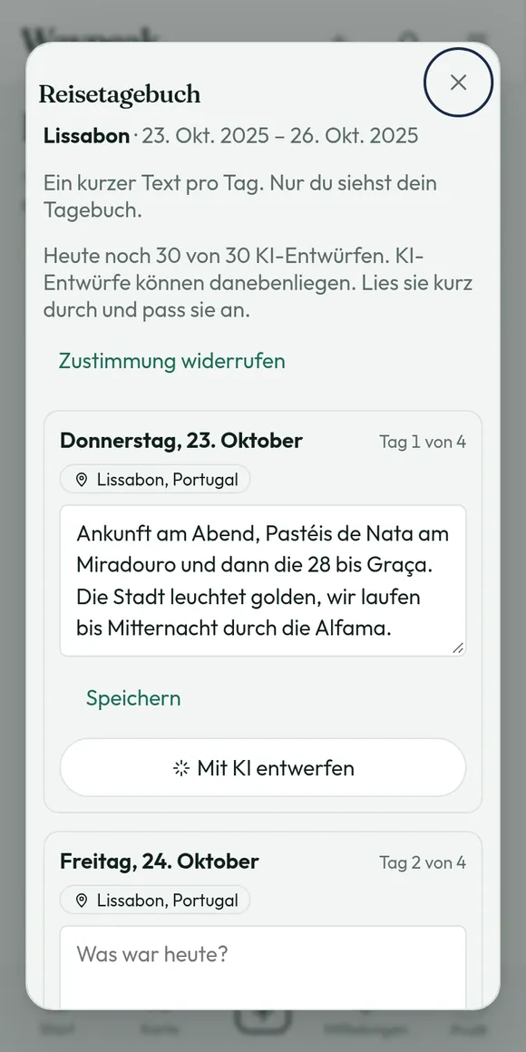 Reisetagebuch mit einem Eintrag pro Tag