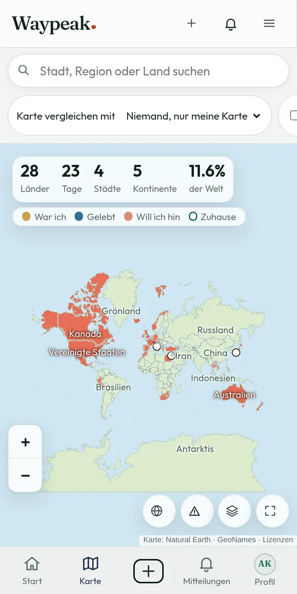 Weltkarte mit markierten Ländern und Statistik