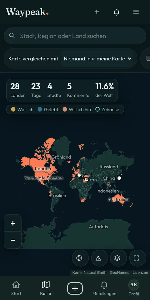 Waypeak auf dem Handy: Weltkarte mit den besuchten Ländern, dunkles Design