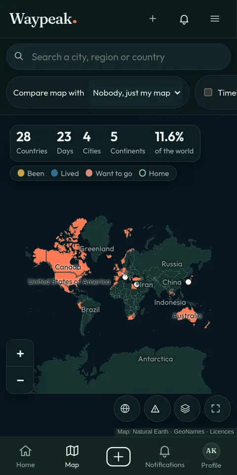 Waypeak sul telefono: mappa del mondo con i paesi visitati, tema scuro